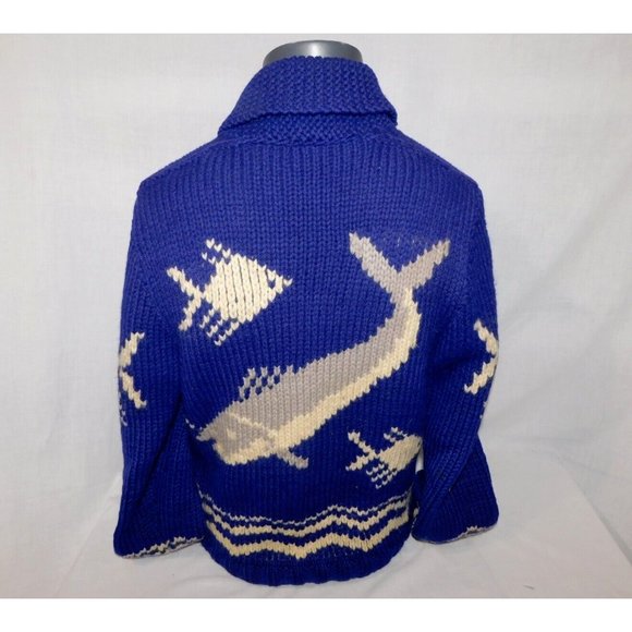 Vintage 50s 60s Cowichan cardigan Blue Whale Fish Wool Full Zip Sweater Jacket M - Picture 10 of 11
